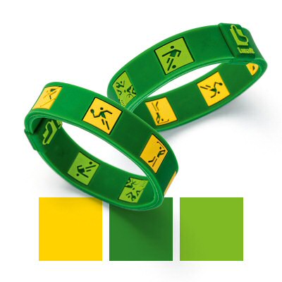 LunaSport Retro Ionen Magnet Armband Grün/Gelb Grün/Hellgrün kultige original Piktogrammen Otl Aicher. Minus-Ionen-Materialmix allergenfreundliches Silikon reversibel Armband Retro-Wellness-Sport. LunaSport Armbänder vier hochwertige bipolar angeordnete Neodym Magnete je 1800 Gauss, 2 Bio-Süd 2 Bio-Nord gerichtet. Bipolar angeordnete Magnete nutzen Energien von beiden Polen LunaSport Armband